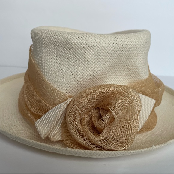 Italy Handmade Paper Straw Women’s Hat Ivory/Tan Wrap Bow - Picture 4 of 10